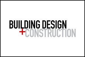 The image displays the logo for Building Design + Construction. The words BUILDING DESIGN are in bold black text, a red plus sign follows, and CONSTRUCTION appears in large light gray letters beneath.