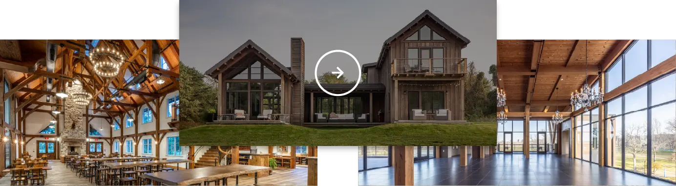 A collage showing the exterior of a dark wood-sided house in the center, flanked by two large, open interior event spaces with timber framing, high ceilings, and chandeliers.